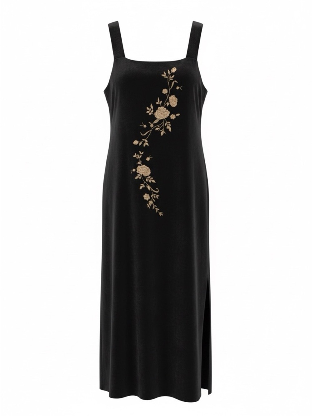 Black Slip Wedding Dress with Gold Floral Embroidery